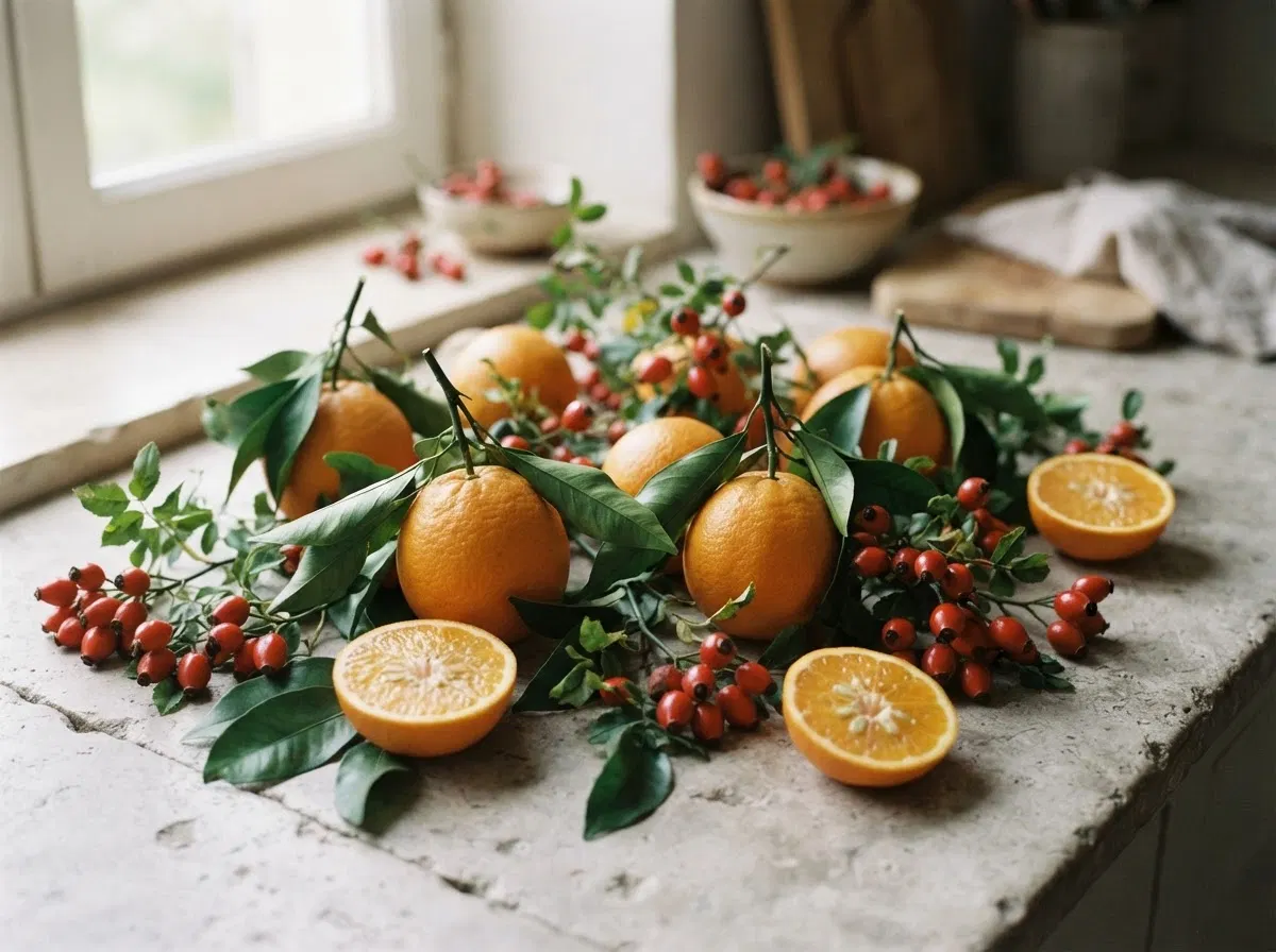 Fresh citrus fruits and berries on white surface